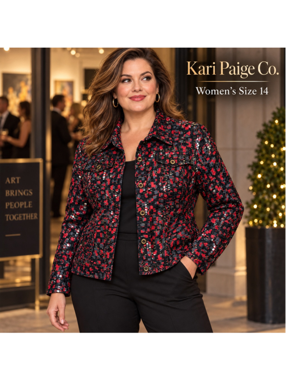 Women's Ruby Rd. Jacket Size 14 Black Red Patterned Button Up F26